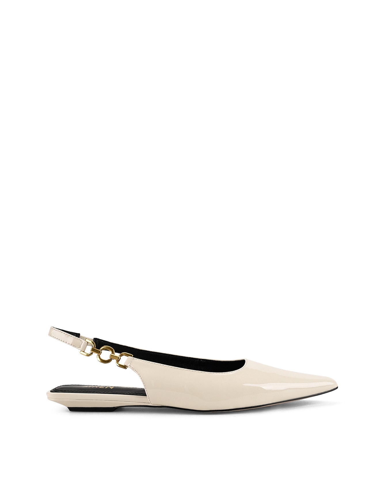 Womens white patent slingback flats with pointed toe and brass detail