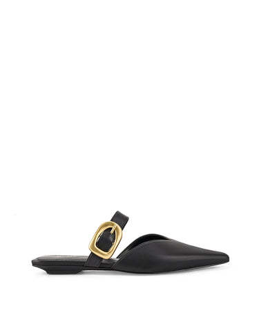 Women's flat pointed toe mule with gold buckle