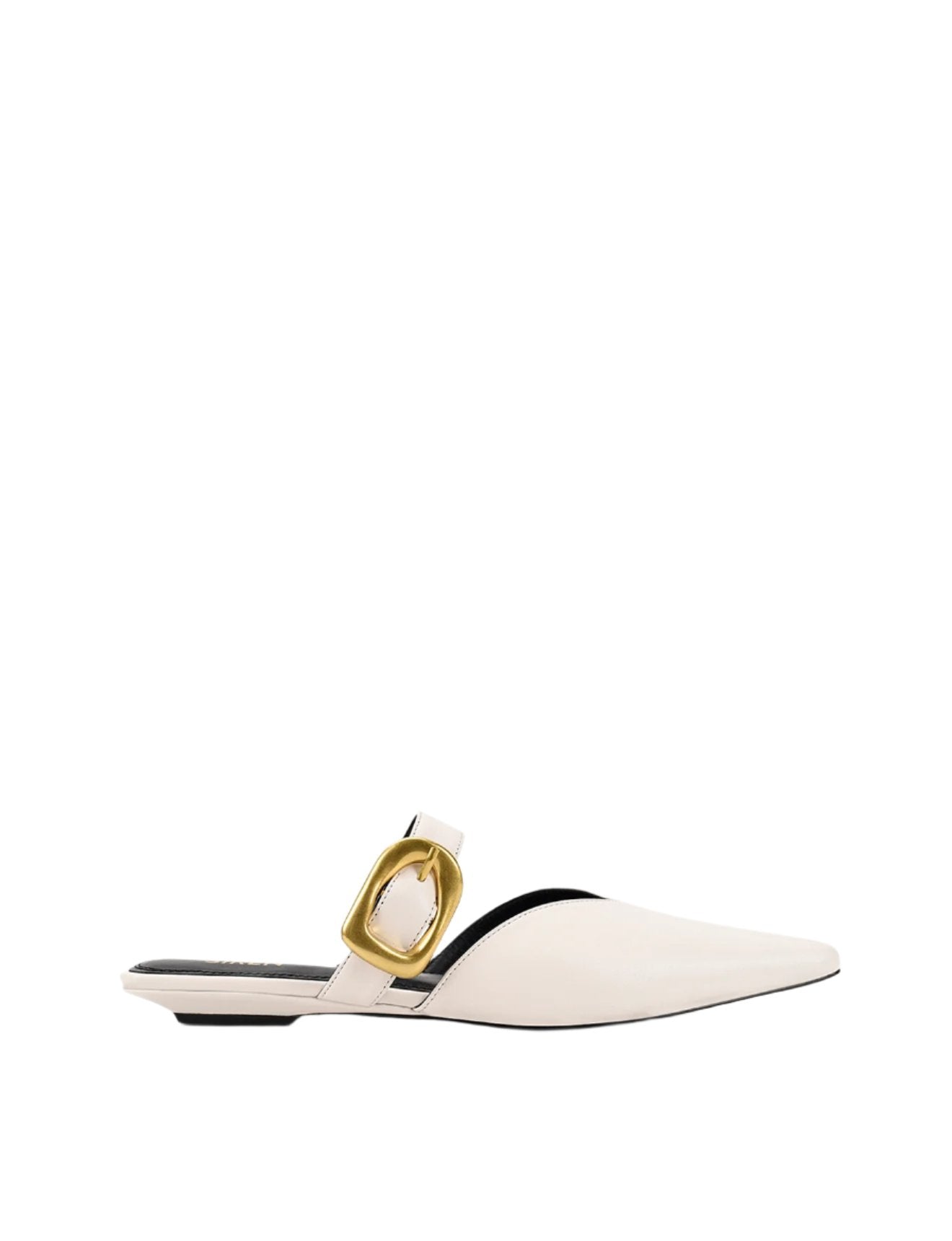 Women's white leather casual slide with pointed toe and gold buckle detailing