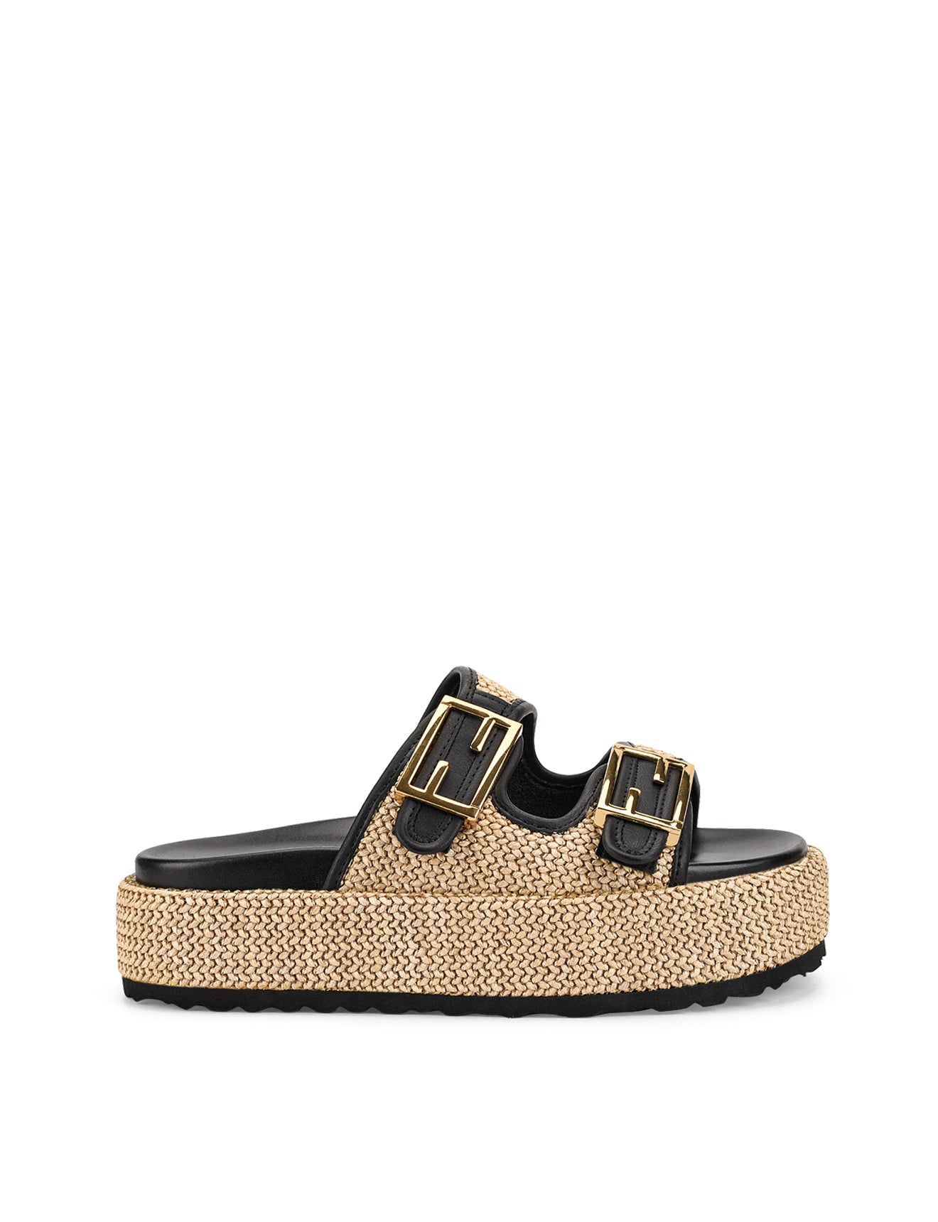 Women's natural weave raffia and black leather platform footbed slides with gold hardware