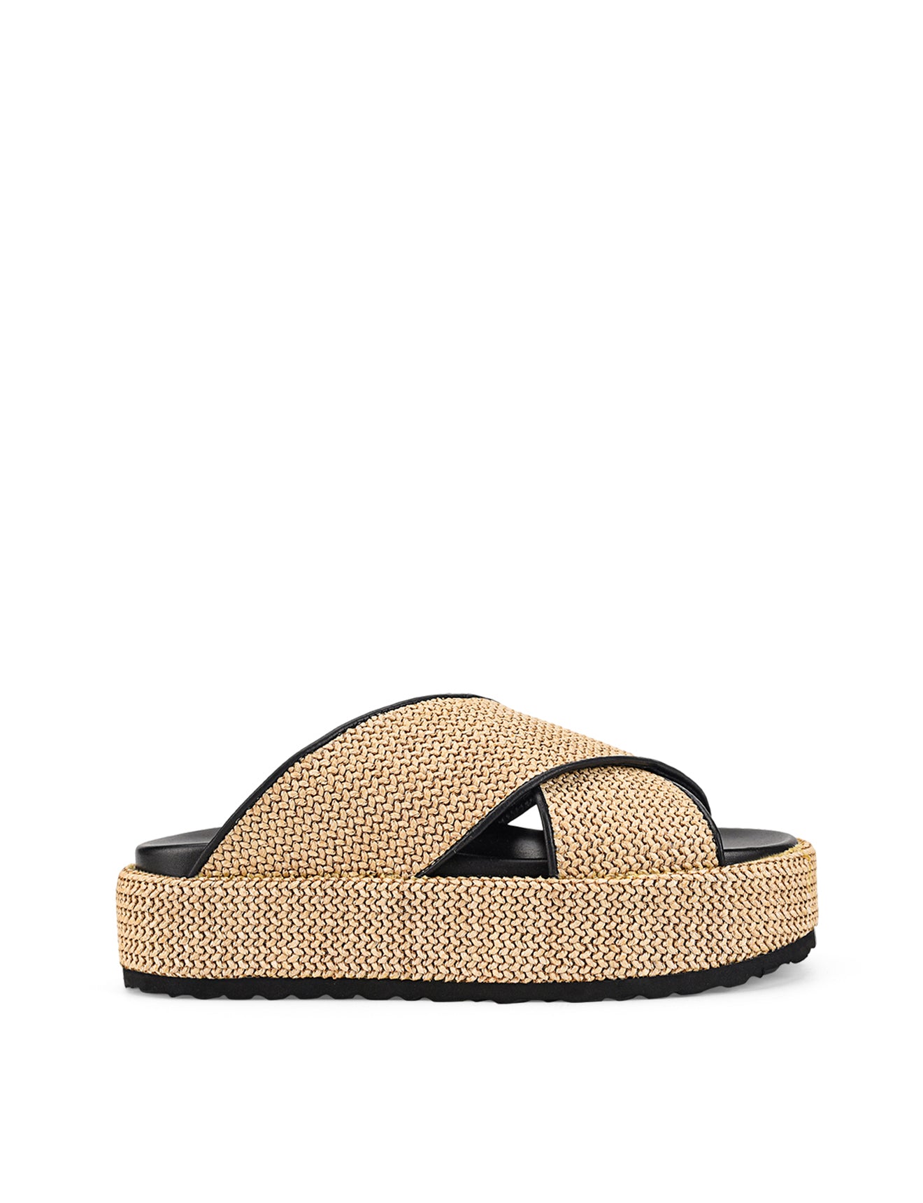 Women's natural weave raffia and black leather platform footbed slides