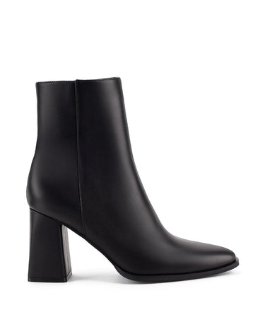 Womens Black leather ankle boot with inner zipper closure and subtle square toe shape