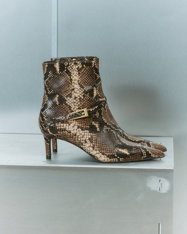 Women's brown snake print leather ankle boot with stiletto heel, pointed toe and gold buckle detailing