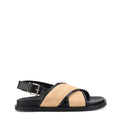 Women's black leather and natural raffia footbed sandal