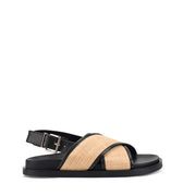 Women's black leather and natural raffia footbed sandal