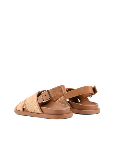 Women's tan leather and natural raffia footbed sandal