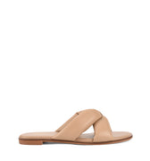 Women's tan almond leather flat slide for summer