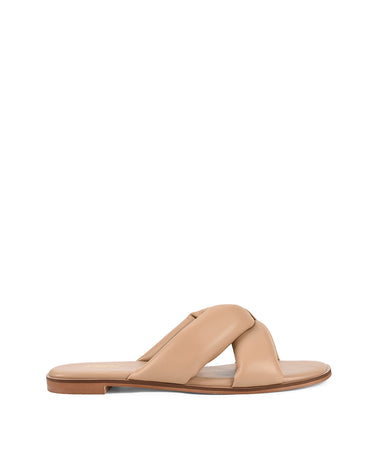 Women's tan almond leather flat slide for summer