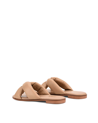 Women's tan almond leather flat slide for summer