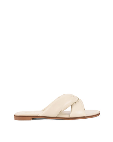 Women's beige leather flat slide for summer