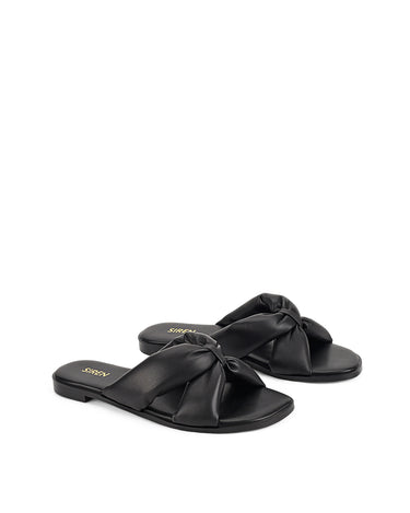 Women's BLACK leather flat slide for summer