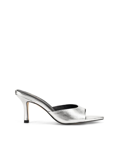 Women's silver metallic leather open toe pointed stiletto mule