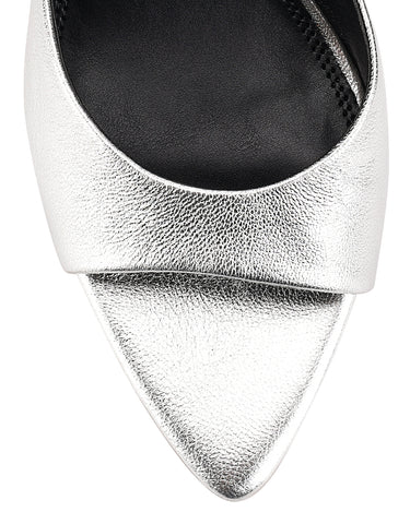 Women's silver metallic leather open toe pointed stiletto mule