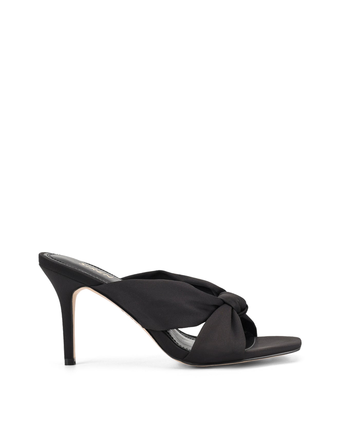 Women's black satin stiletto mules with square toe and knot detailing