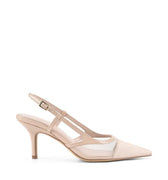 Womens slingback pointed toe high heels in nude patent leather with mesh details