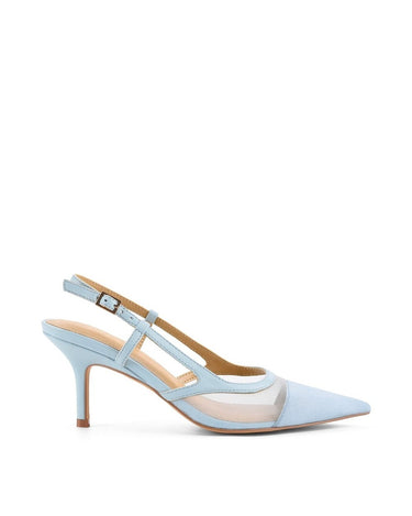 Pale blue leather slingback pointed toe pumps with mesh detailing and adjustable buckle fastening