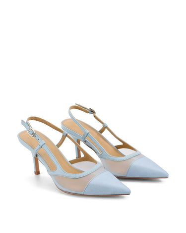 Pale blue leather slingback pointed toe pumps with mesh detailing and adjustable buckle fastening