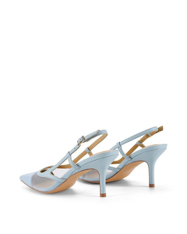 Pale blue leather slingback pointed toe pumps with mesh detailing and adjustable buckle fastening