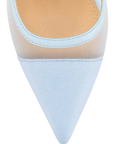 Pale blue leather slingback pointed toe pumps with mesh detailing and adjustable buckle fastening