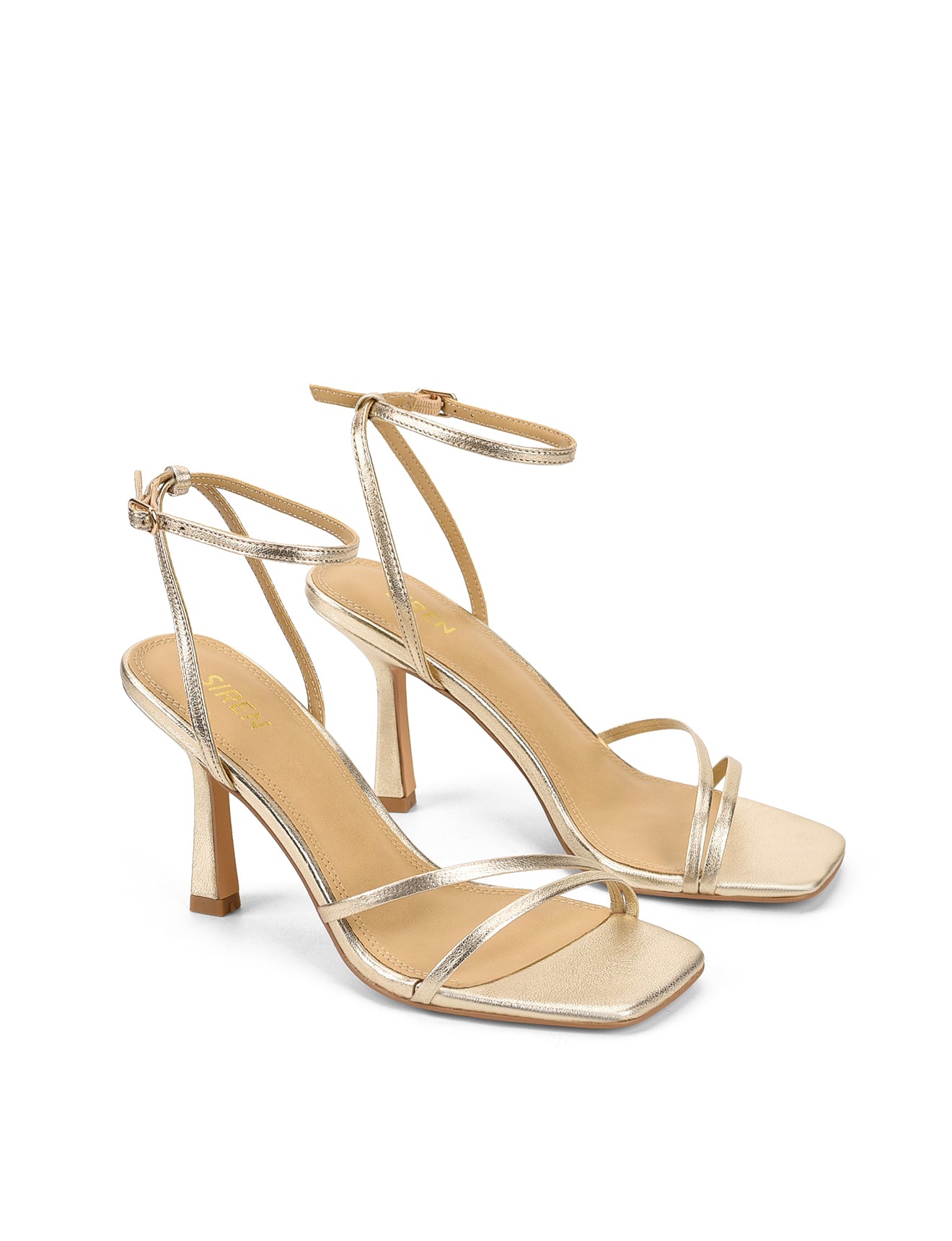 Women's high heel stiletto sandal in gold metallic leather