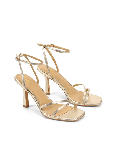 Women's high heel stiletto sandal in gold metallic leather