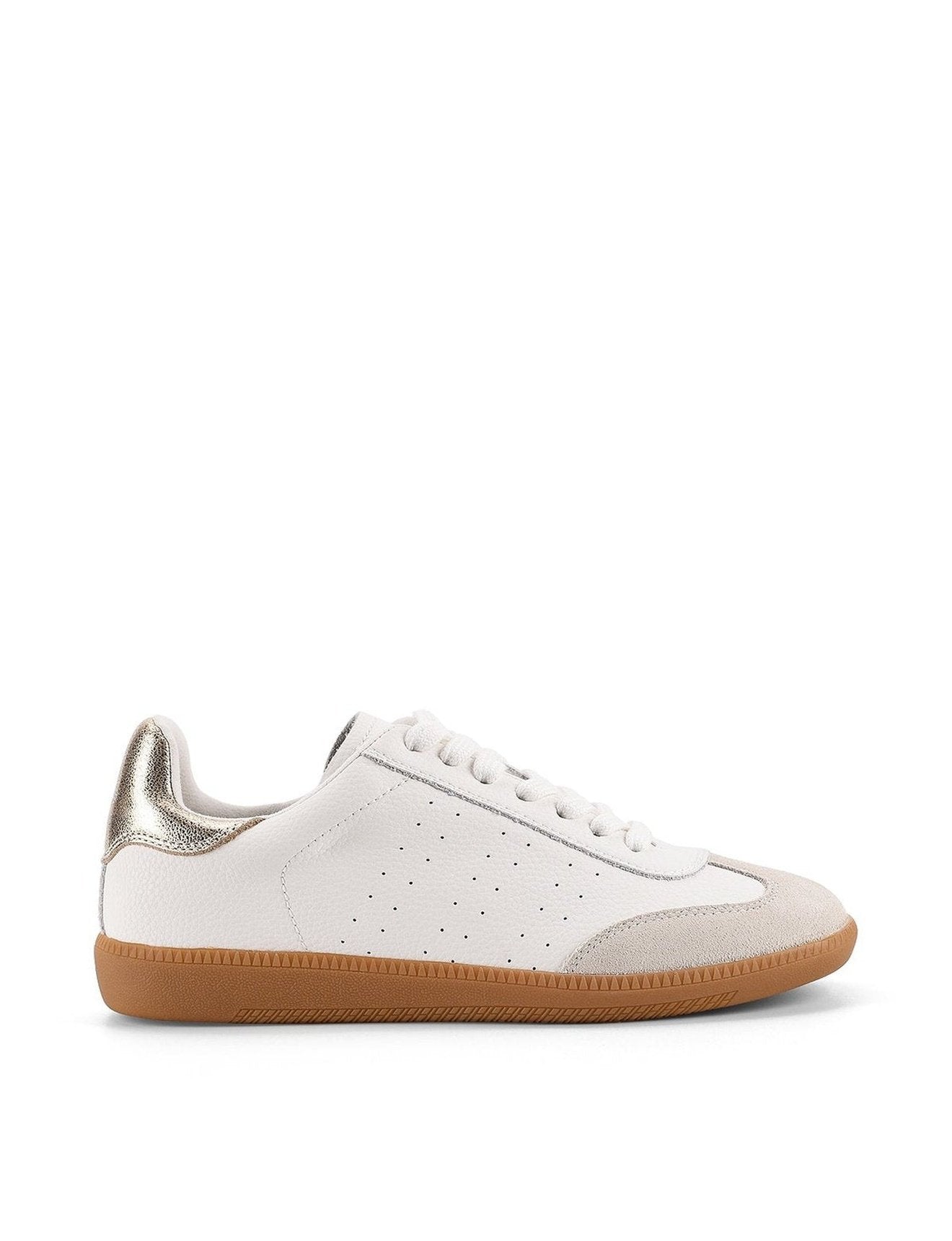 Women's white leather lace up sneaker with gold detail and contrasting sole