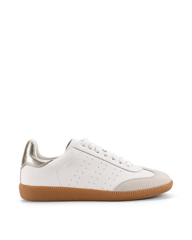 Women's white leather lace up sneaker with gold detail and contrasting sole