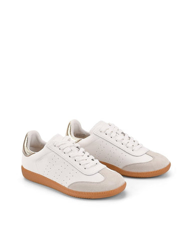 Women's white leather lace up sneaker with gold detail and contrasting sole