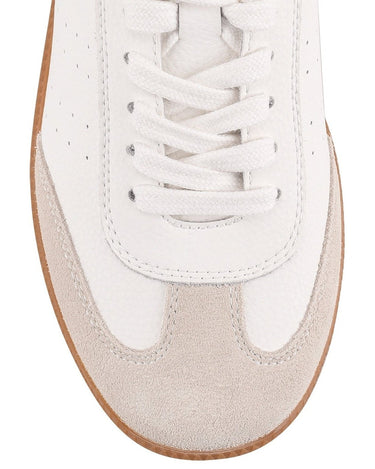 Women's white leather lace up sneaker with gold detail and contrasting sole