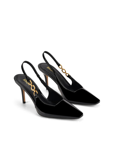 Women's black patent point toe stiletto slingback