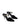 Women's black patent closed toe stiletto mule with buckle vamp strap