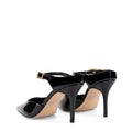 Women's black patent closed toe stiletto mule with buckle vamp strap