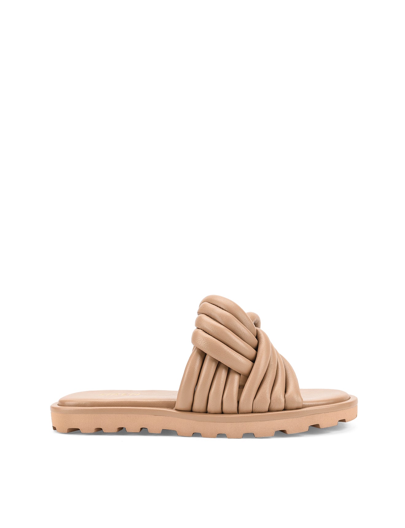 Women's tan leather slides with twist upper detail