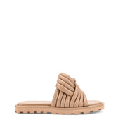 Women's tan leather slides with twist upper detail