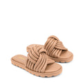 Women's tan leather slides with twist upper detail