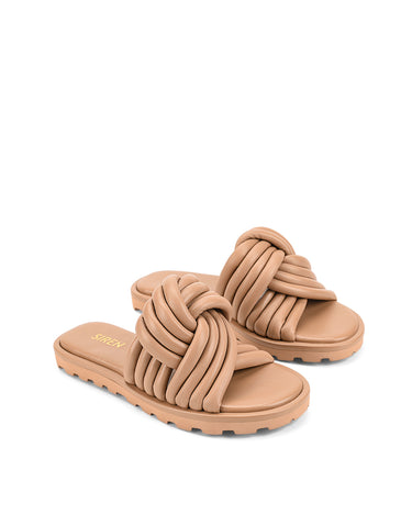 Women's tan leather slides with twist upper detail