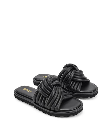 Women's BLACK leather slides with twist upper detail