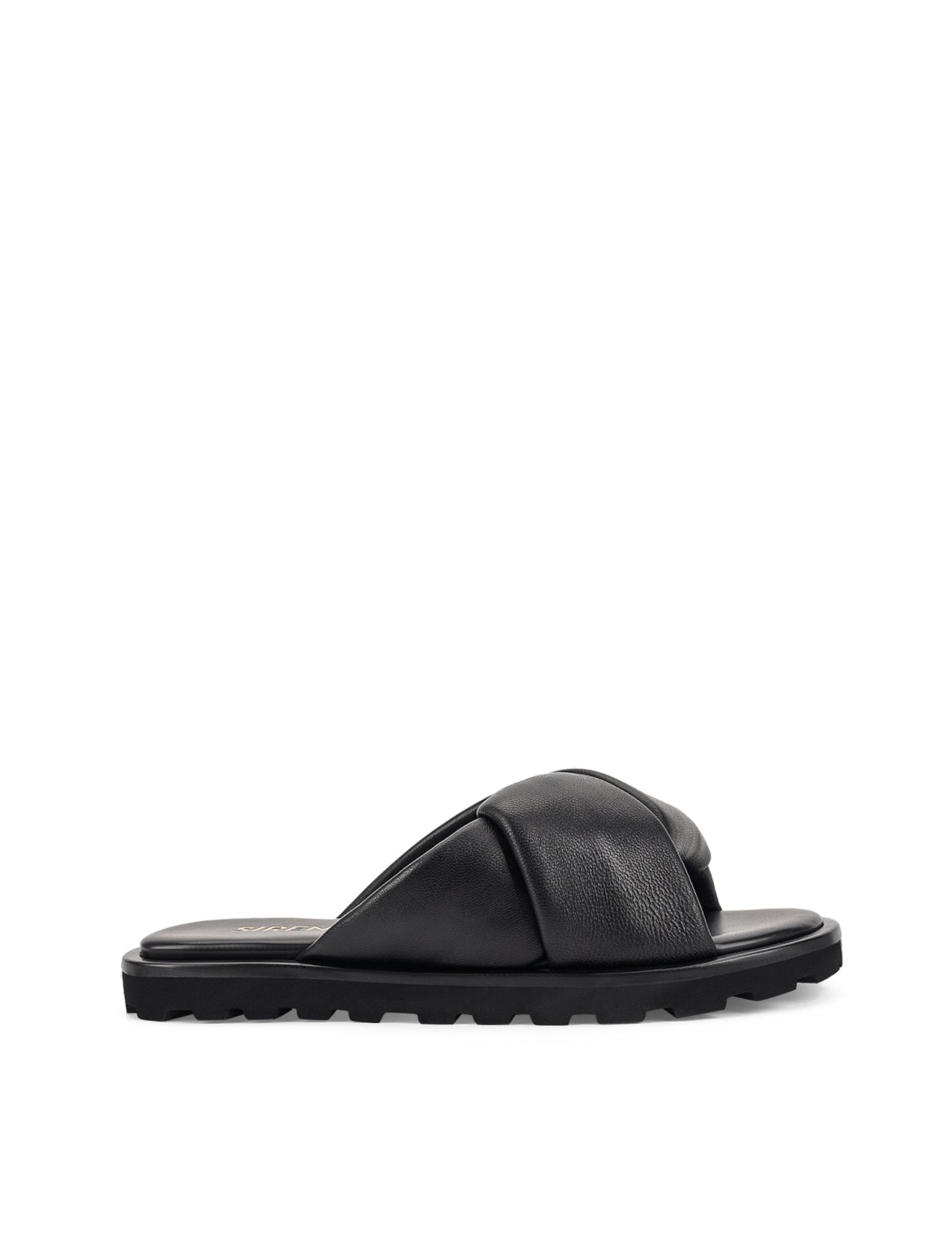 Women's black leather puffy slides