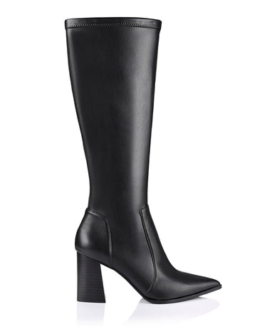 Women's black leather tall heeled fashion boots