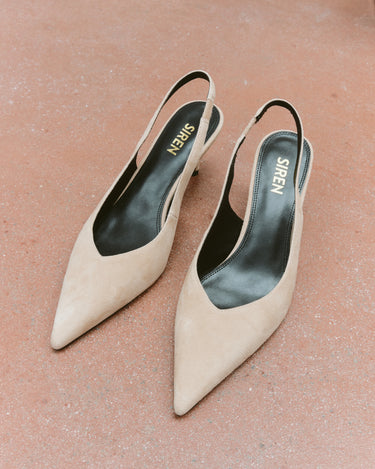 Women's slingback kitten heel in almond tan suede leather with pointed toe and v shaped throat and elastic fastening