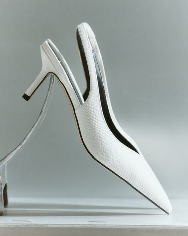 Women's slingback kitten heel in white croc leather with pointed toe and v shaped throat and elastic fastening