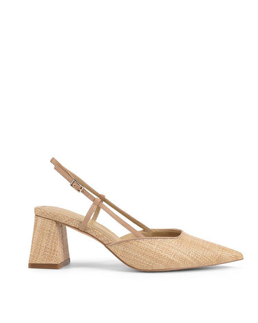 Women's block heel slingback with pointed toe in natural raffia and tan leather