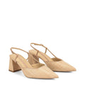 Women's block heel slingback with pointed toe in natural raffia and tan leather