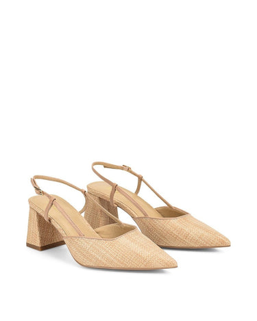 Women's block heel slingback with pointed toe in natural raffia and tan leather