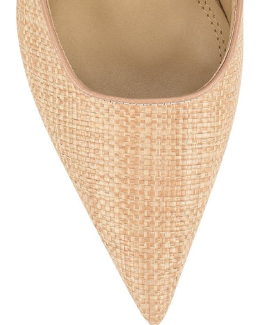 Women's block heel slingback with pointed toe in natural raffia and tan leather