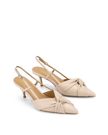 Women's beige leather slingback kitten heel with upper knot detailing