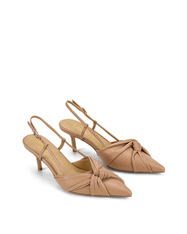 Women's tan leather slingback kitten heel with upper knot detailing